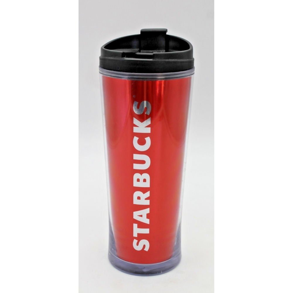 Starbucks 2009 Red Metallic Silver Writing Acrylic Travel Tumbler 16 oz Flip Lid